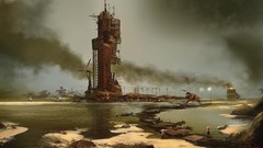 Landscapes smoke tower science fiction artwork digital art 