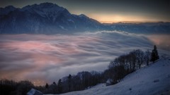 Landscapes snow blue Mountains clouds pink