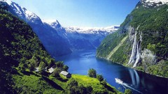 Landscapes snow Mountains Boats Norway Europe houses rivers 