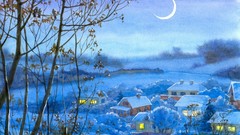 Landscapes snow night moon paintings drawings Villages