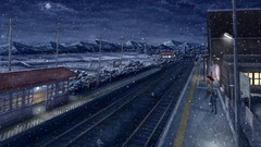 Landscapes snow night Mountains clouds moon scenic