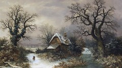 Landscapes snow winter Christmas cottage houses eve artwork