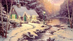 Landscapes snow winter glow evening cottage forests Thomas 
