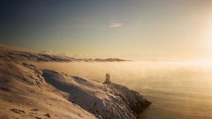 Landscapes snow winter Mountains rocks sea shorelines