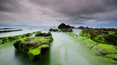 Landscapes stones fog clouds ocean moss rocks skyscapes