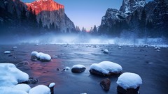 Landscapes stones fog Trees snow water Mountains