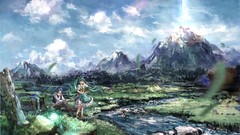 Landscapes stones nature grass water Mountains clouds fishing 