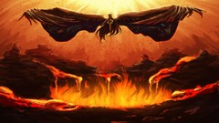 Landscapes sun fire orange weapons wings lava flying skirts 