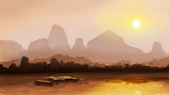 Landscapes sun Mountains Boats lakes reflections artwork