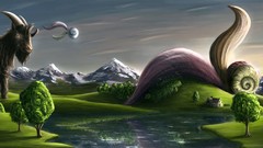 Landscapes sunrise Mountains paint Green snails shells lakes 