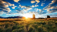 Landscapes sunrise nature grass yellow blue clouds hills white 