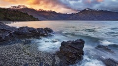 Landscapes sunrise nature snow water Mountains clouds lakes 