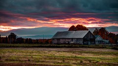 Landscapes sunrise nature Trees clouds dawn hills barn farm 