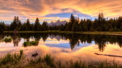 Landscapes sunrise nature Trees grass water Mountains clouds 
