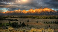 Landscapes sunrise nature Trees grass yellow Mountains clouds 