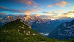 Landscapes sunrise nature Trees Mountains clouds Green ravine 