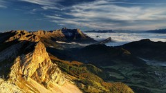 Landscapes sunrise nature Trees Mountains clouds Green skies 