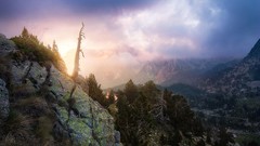 Landscapes sunrise nature Trees Mountains clouds rocks forests