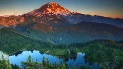 Landscapes sunrise nature Trees snow water blue Mountains white 