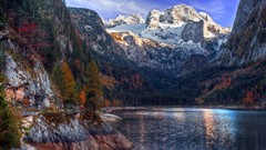 Landscapes sunrise nature Trees snow water Mountains Austria 