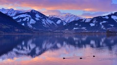 Landscapes sunrise nature Trees snow water Mountains calm Birds 