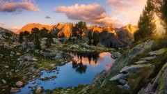 Landscapes sunrise nature Trees water blue Mountains clouds 
