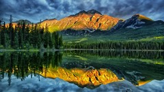 Landscapes sunrise nature Trees water blue Mountains clouds 