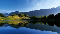 Landscapes sunrise nature Trees water blue Mountains hills 