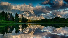 Landscapes sunrise nature Trees water Mountains clouds Green 