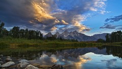 Landscapes sunrise nature Trees water Mountains clouds Wyoming 
