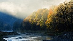 Landscapes sunrise nature Trees yellow water hills mist rivers 