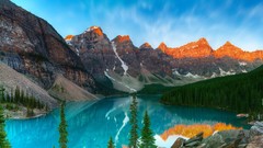 Landscapes sunrise nature Trees yellow water Mountains summer 