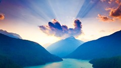 Landscapes sunrise nature water blue Mountains clouds red white 