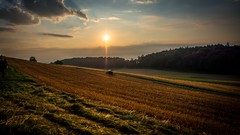 Landscapes sunrise Rays clouds Green orange switzerland fields 