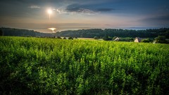 Landscapes sunrise Rays clouds Green orange switzerland fields 
