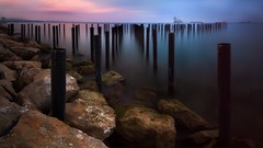 Landscapes sunrise Sea nature ocean dawn coast calm ships rocks 