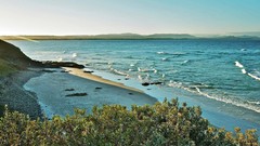 Landscapes sunrise Sea nature Trees water hills bay Australia 