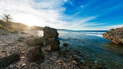 Landscapes sunrise Sea nature water clouds palm trees rocks 