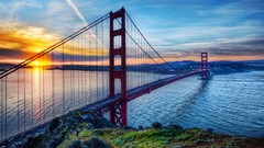Landscapes sunrise Sea water clouds golden gate bridge