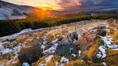 Landscapes sunrise sunset nature Trees snow winter clouds hills 