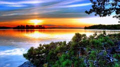 Landscapes sunrise sunset nature Trees water clouds red Green 