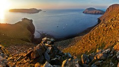 Landscapes sunrise sunset Sea nature water hills Birds ships 