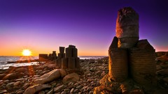 Landscapes sunrise sunset water ocean purple coast rocks golden 