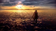 Landscapes sunrise Trees clouds hills woman skies digital art