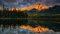 Landscapes sunrise Trees Mountains Canada lakes reflections 