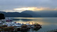 Landscapes sunrise water Mountains clouds ships Boats dock 