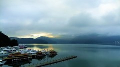 Landscapes sunrise water Mountains clouds ships port Boats dock 