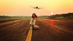 Landscapes sunset Aircraft woman runway roads take off