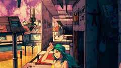 Landscapes sunset Animals Dogs sitting skirts long hair anime 