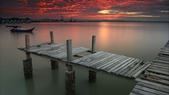 Landscapes sunset black bay colors Bridges red clouds